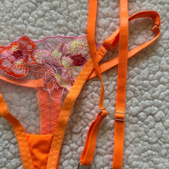 neon orange floral 3 piece lingerie set - Picture 5 of 9